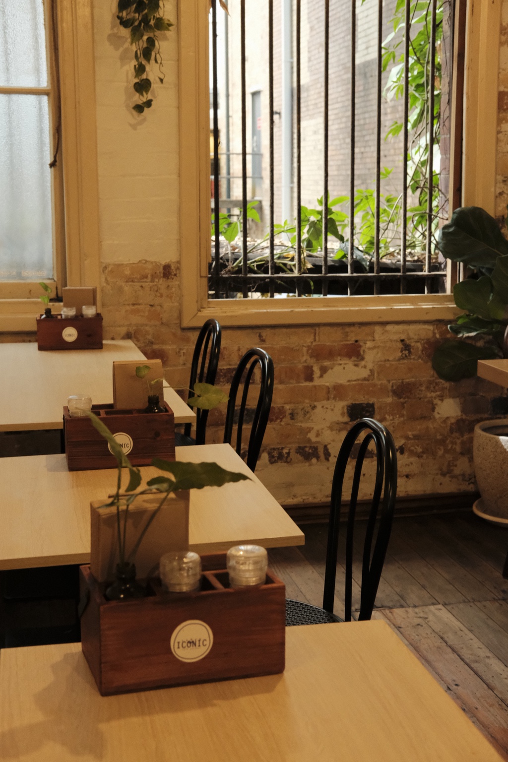 Warm timber tables and black chairs beside tall café windows and old brick walls