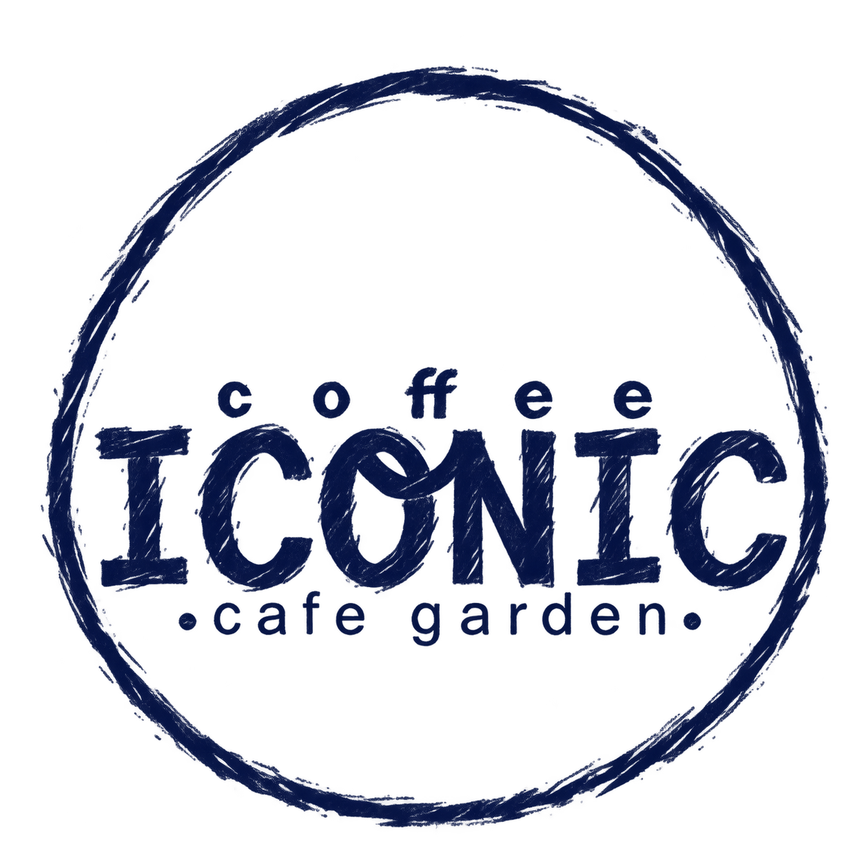 Coffee Iconic logo in rough deep-navy hand-drawn sketch strokes, on a transparent background