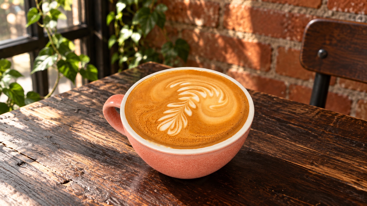 Coffee with latte art in a pink ceramic cup