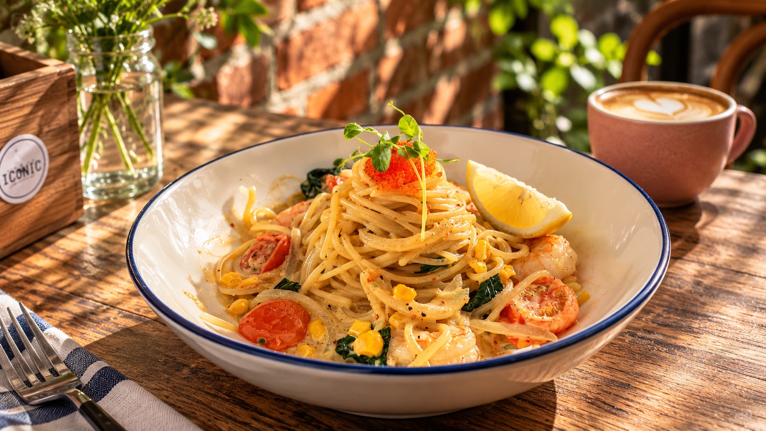 Pasta with prawns, cherry tomatoes, corn and greens