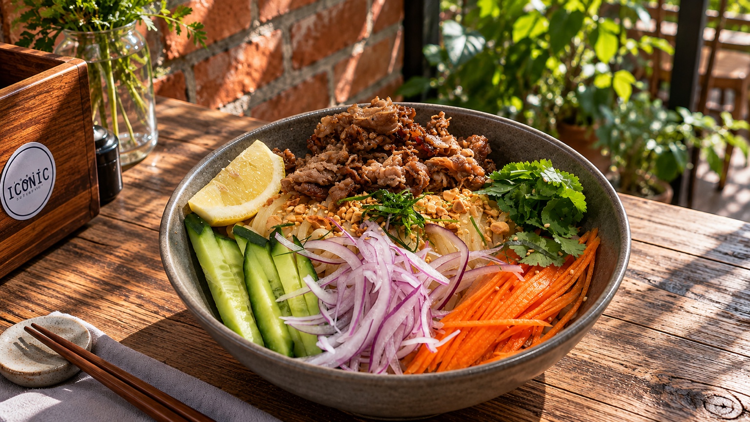 A colourful bowl topped with vegetables and fresh herbs