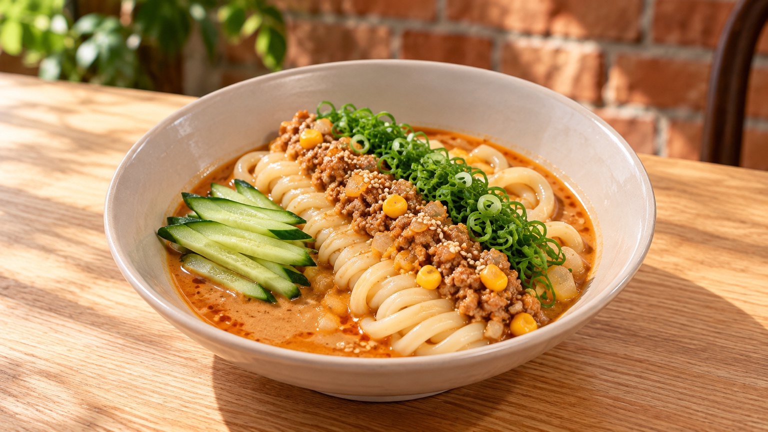 Udon noodles with savoury topping, cucumber and spring onion